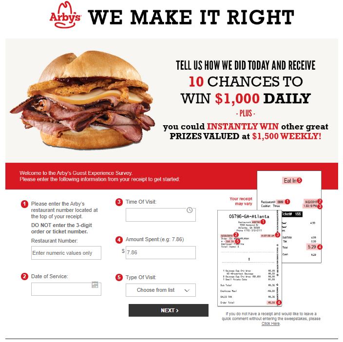 Arbys-Survey-official page