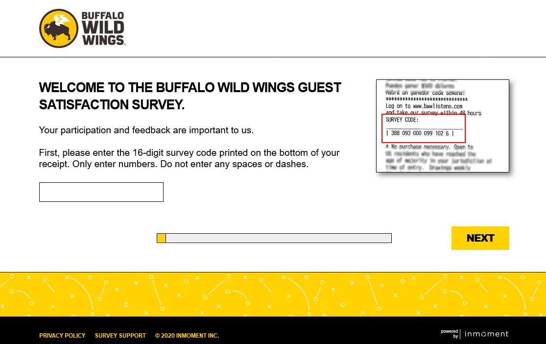Buffalo Wild Wings Survey official page to enter 16 digit code